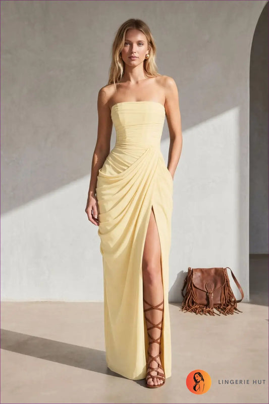 Ruched Strapless Maxi Dress - Front Slit - s / Yellow - Bodycon • Elegant • just in • Dio