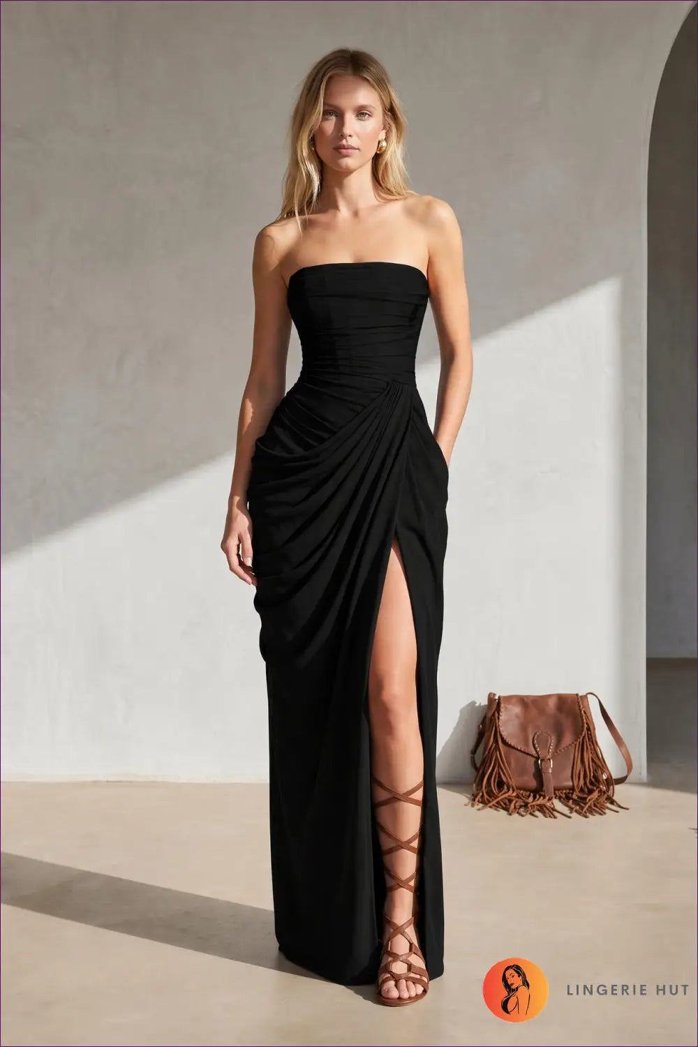 Ruched Strapless Maxi Dress - Front Slit - s / Black - Bodycon • Elegant • just in • Dio