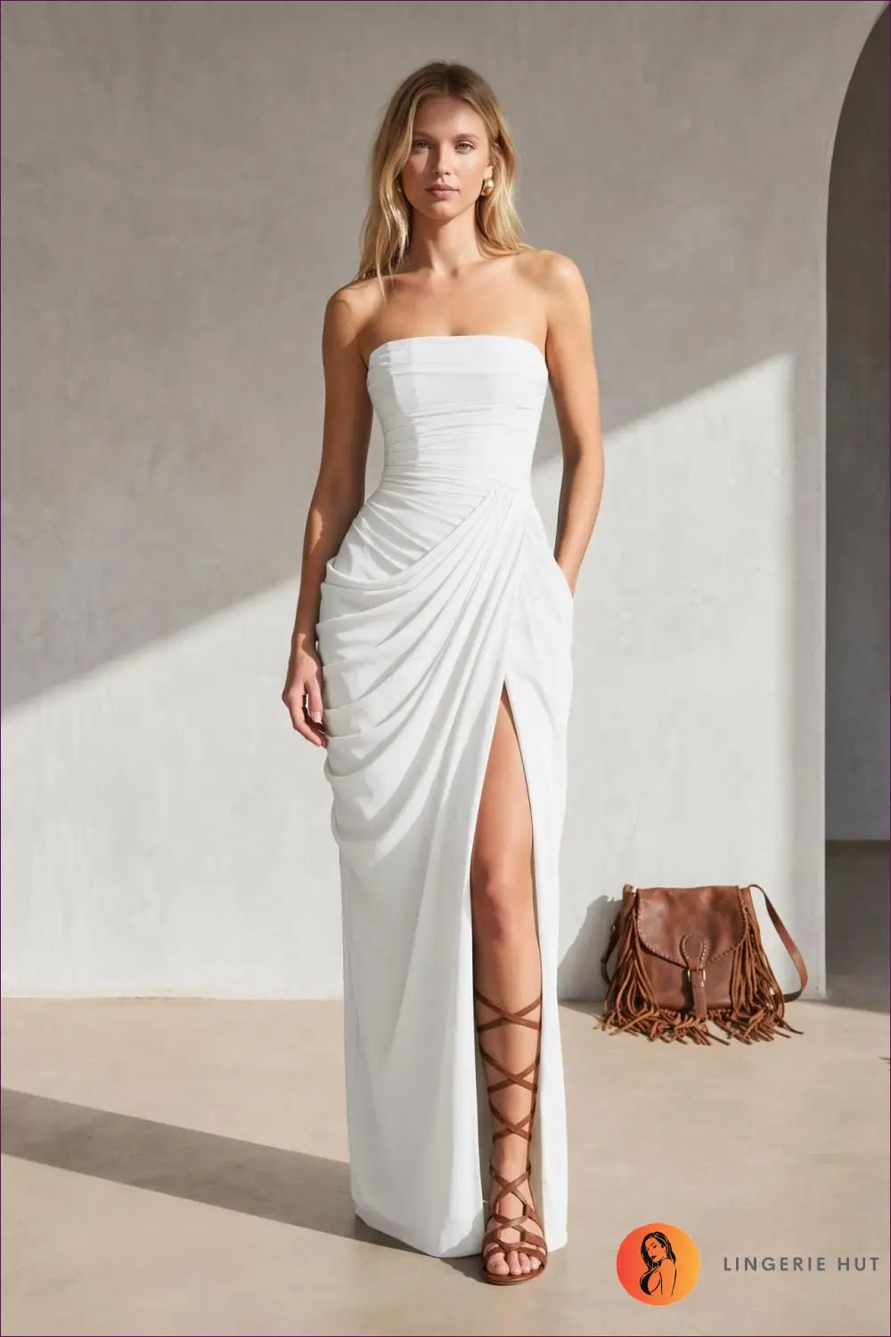 Ruched Strapless Maxi Dress - Front Slit - s / White - Bodycon • Elegant • just in • Dio