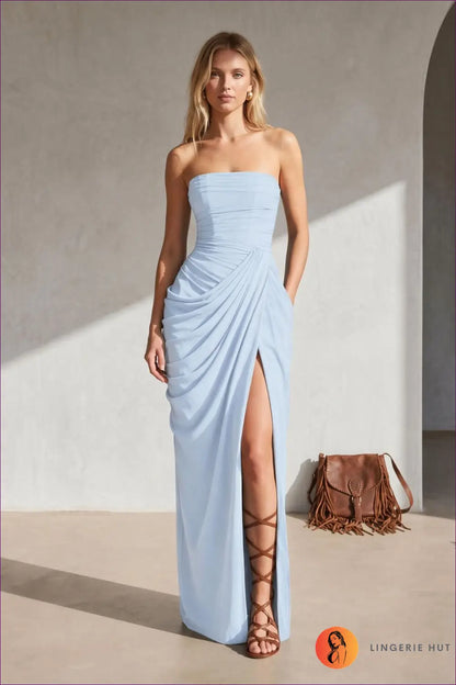 Ruched Strapless Maxi Dress - Front Slit - s / Light Blue - Bodycon • Elegant • just in • Dio