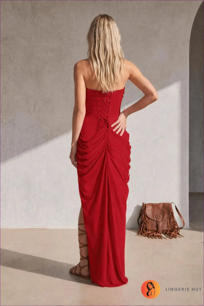 Ruched Strapless Maxi Dress - Front Slit - s / Red - Bodycon • Elegant • just in • Dio