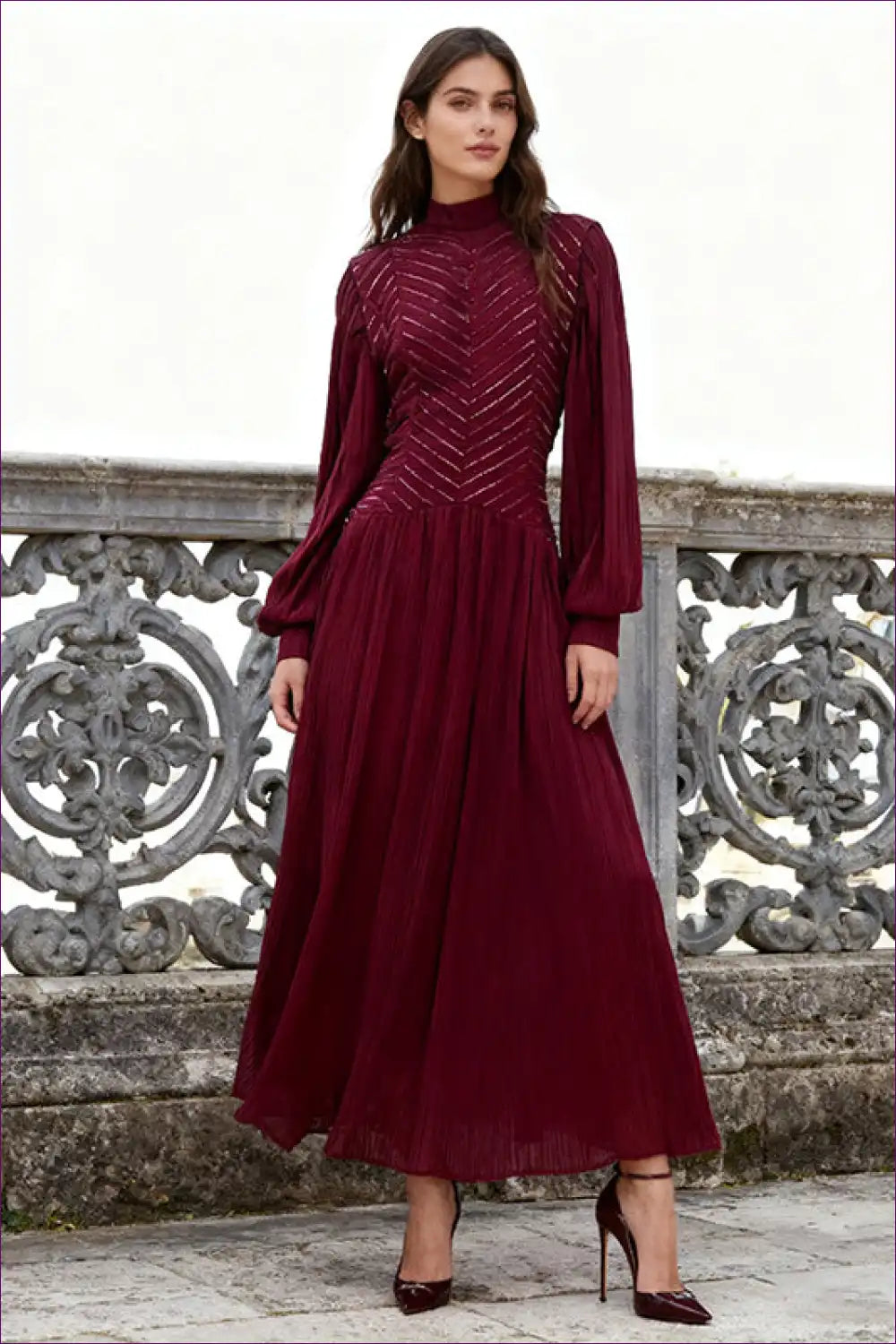 Ruched Waist Maxi Dress with Stand Collar - Understated Elegance for a Line, Autumn, Dress, Everyday, Formal