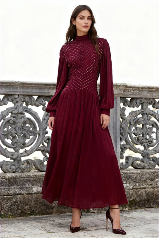 Ruched Waist Maxi Dress with Stand Collar - Understated Elegance for a Line, Autumn, Dress, Everyday, Formal