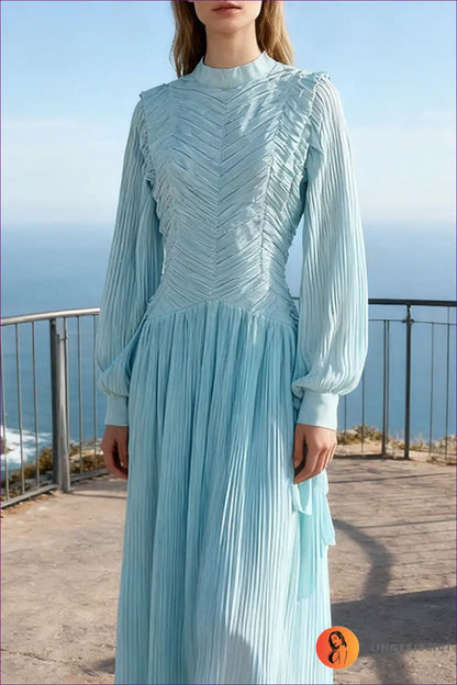 Ruched Waist Maxi Dress with Stand Collar - Understated Elegance for a Line, Autumn, Dress, Everyday, Formal