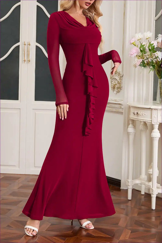 Ruffle Cowl Neck Maxi Dress with Mesh Sleeves for Formal Wear Evening Wear, Formal just In, Maxi,