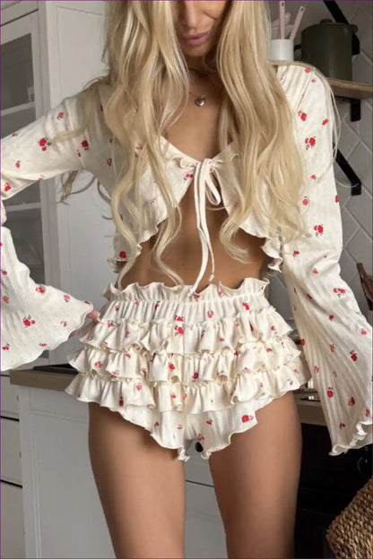 Ruffle Floral Pajama Set with Bell Sleeves - Playful Loungewear for Autumn, Casual, Crop, Everyday,