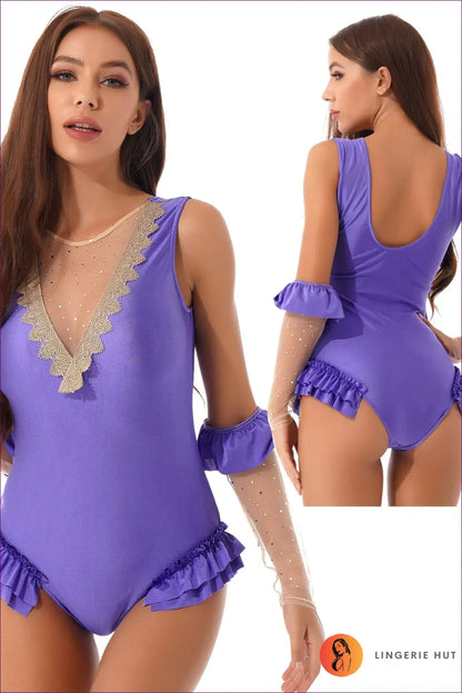 Ruffle Leotard Circus Costume with Cape - Showstopper Fun - Purple a / s - Cutout • Halloween • Party • Plus Size