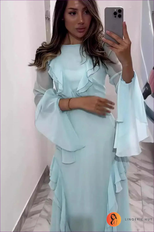 Ruffle Maxi Dress with Bell Sleeves - Understated Glamour - Dresses - Lingerie Hut - A-line • Evening Wear • Formal