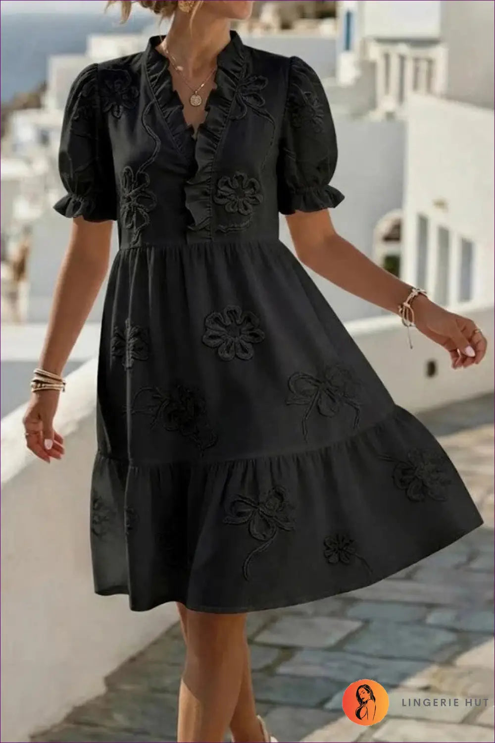 Ruffle-neck Midi Dress with Embroidered Puff Sleeves - Riviera Romance - s / Black - Casual • Cotton • Dresses