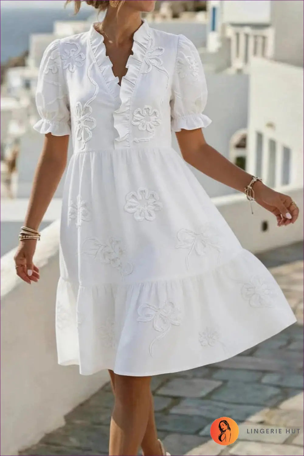 Ruffle-neck Midi Dress with Embroidered Puff Sleeves - Riviera Romance - s / White - Casual • Cotton • Dresses