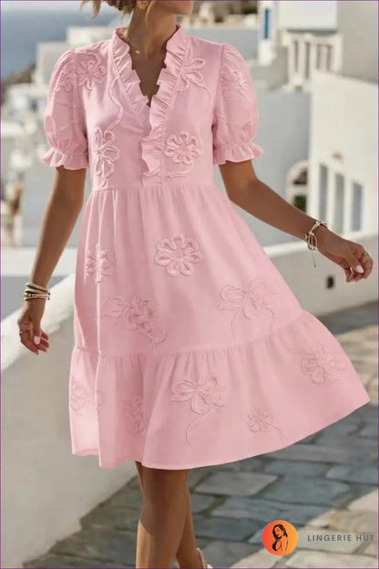 Ruffle-neck Midi Dress with Embroidered Puff Sleeves - Riviera Romance - s / Pink - Casual • Cotton • Dresses