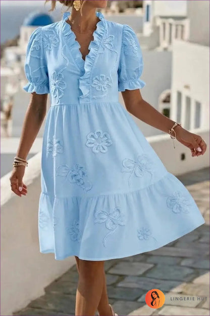 Ruffle-neck Midi Dress with Embroidered Puff Sleeves - Riviera Romance - s / Light Blue - Casual • Cotton • Dresses