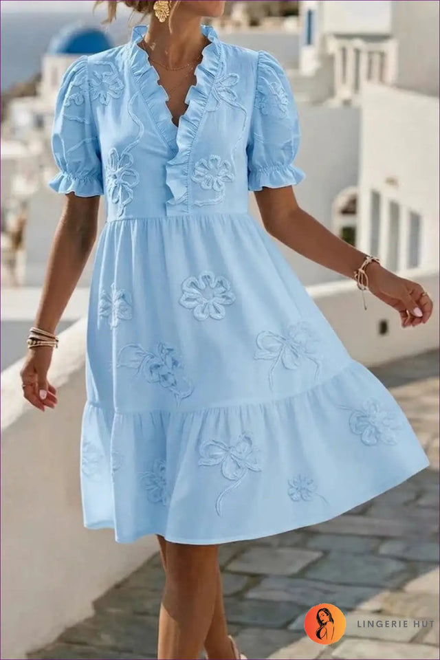 Ruffle-Neck Midi Dress with Embroidered Puff Sleeves - Riviera Romance