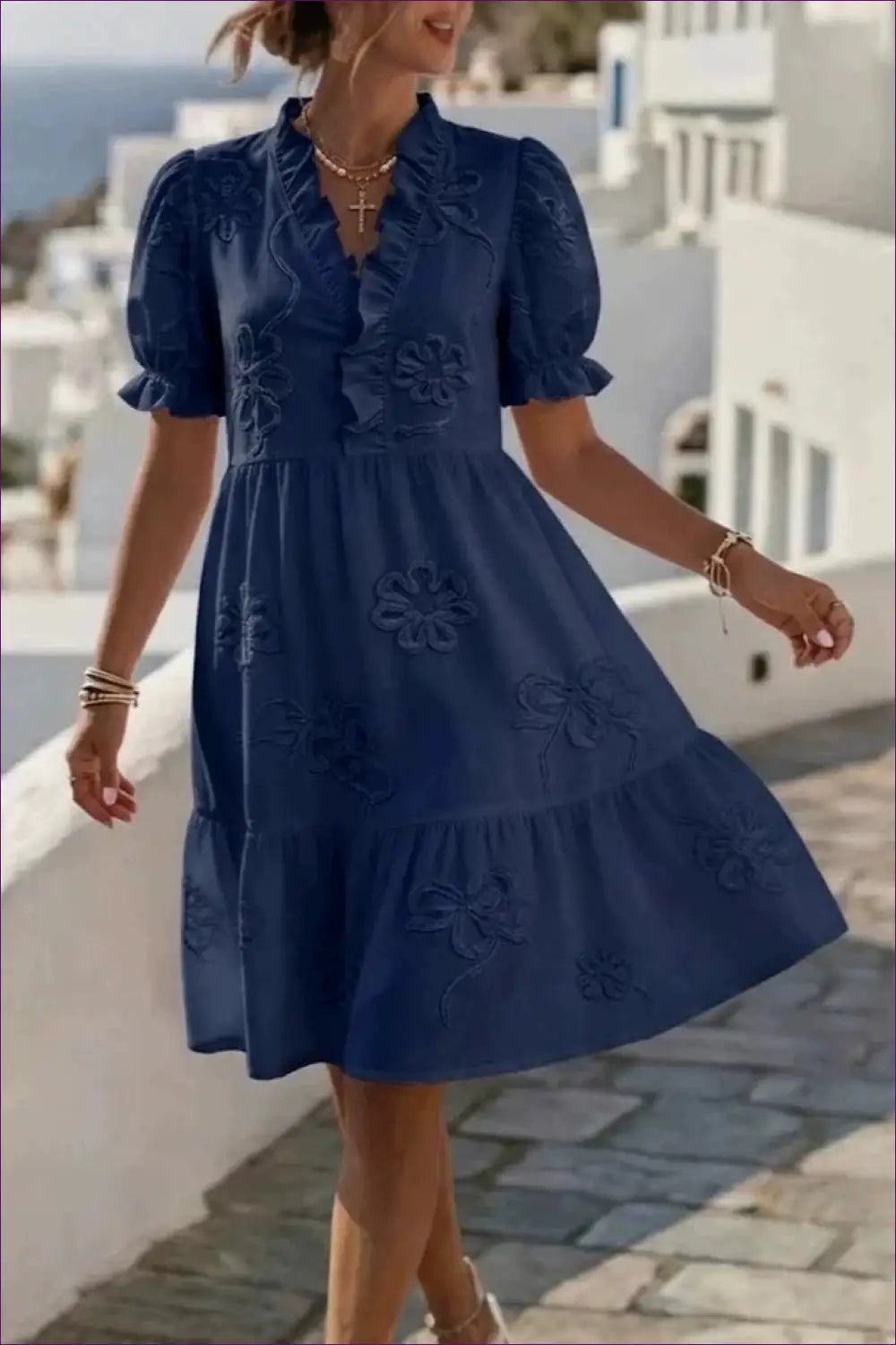 Ruffle-neck Midi Dress with Embroidered Puff Sleeves - Riviera Romance - Casual • Cotton • Dresses • Everyday