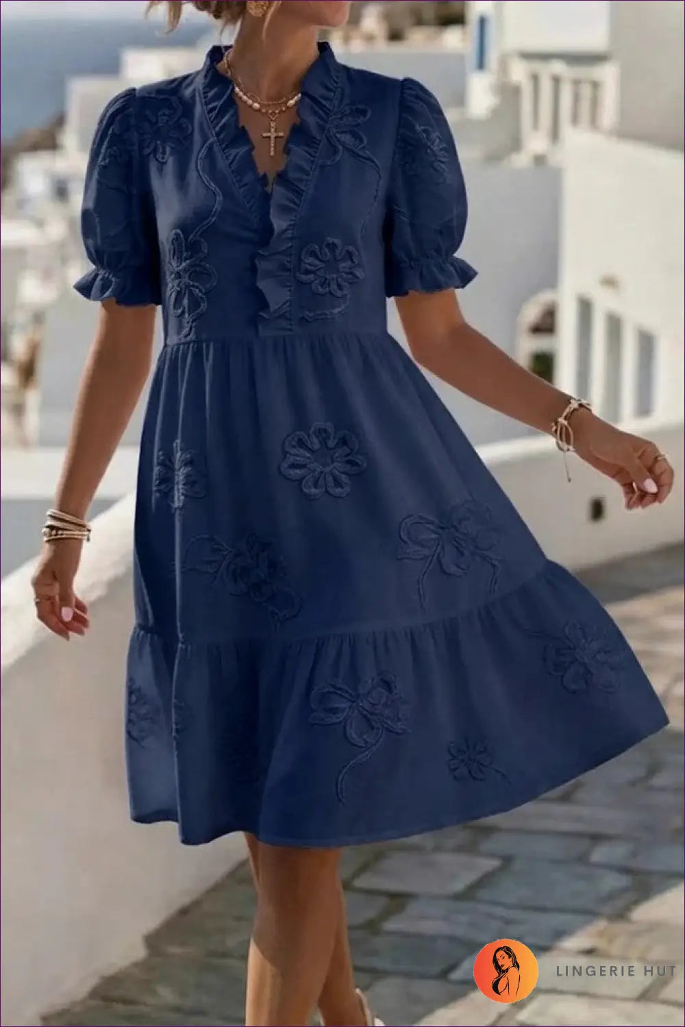 Ruffle-neck Midi Dress with Embroidered Puff Sleeves - Riviera Romance - s / Navy Blue - Casual • Cotton • Dresses