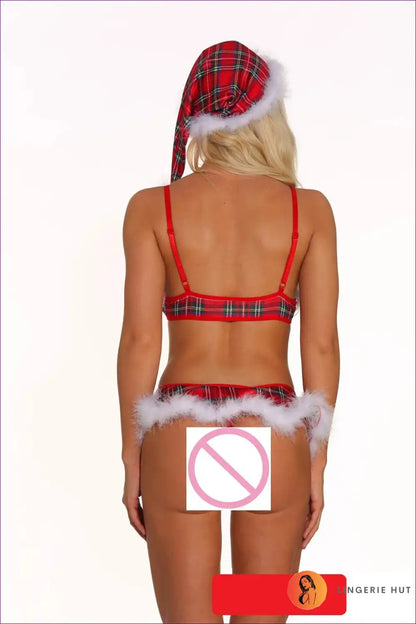 Embrace The Festive Spirit With Lingerie Hut’s Ruffle Plaid Xmas Bra Set. Dive Into Holiday Elegance,