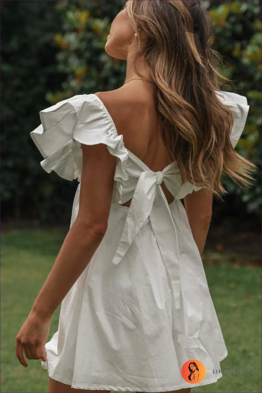 Ruffle Sleeve Babydoll Dress with V-neck - Youthful Summer Ease for Babydoll, Casual, Cotton, Cutout, Everyday