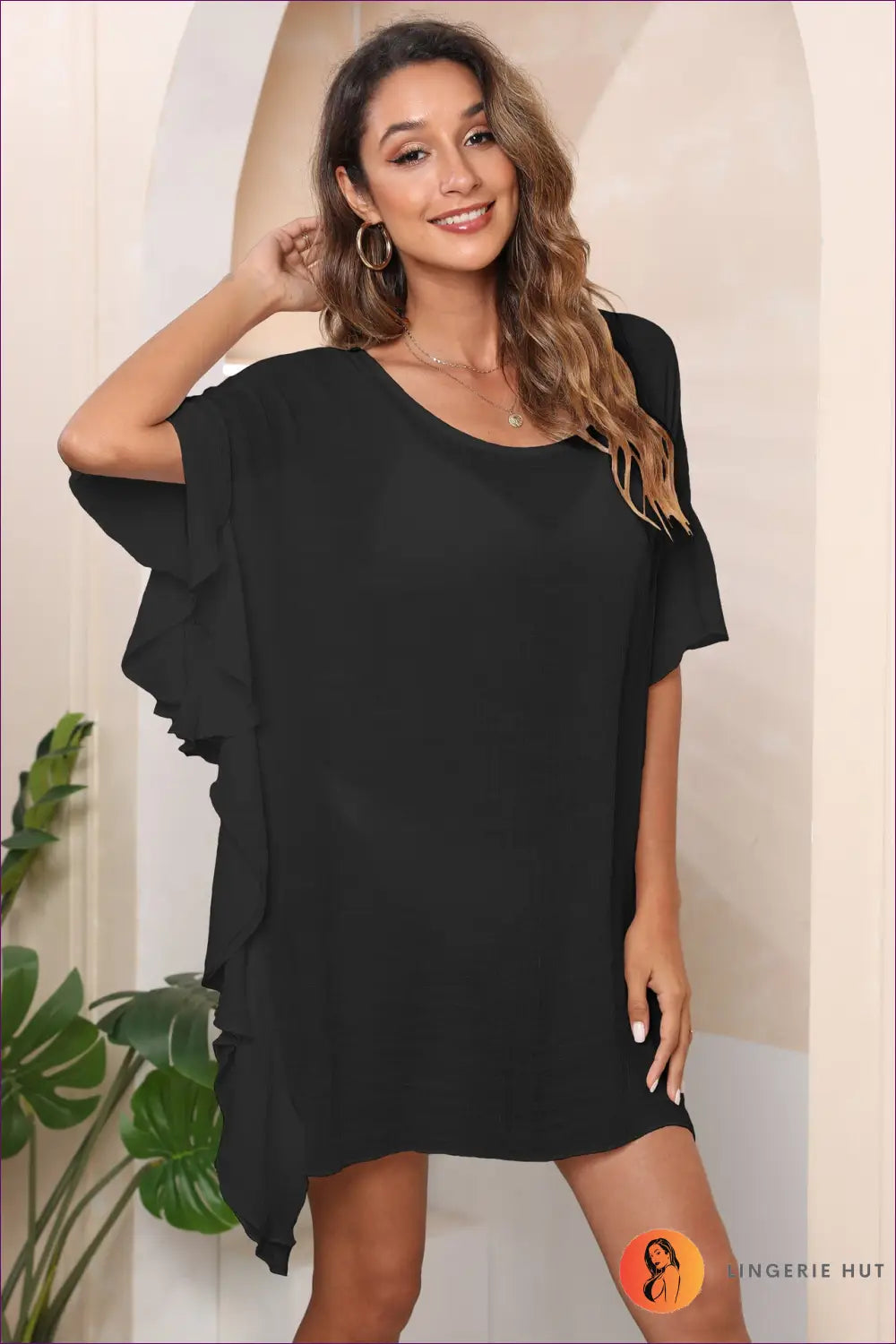 Ruffle Sleeve Mini Dress - Effortless Summer Chic - one Size / Black - Dresses - Lingerie Hut - All Season • Boho