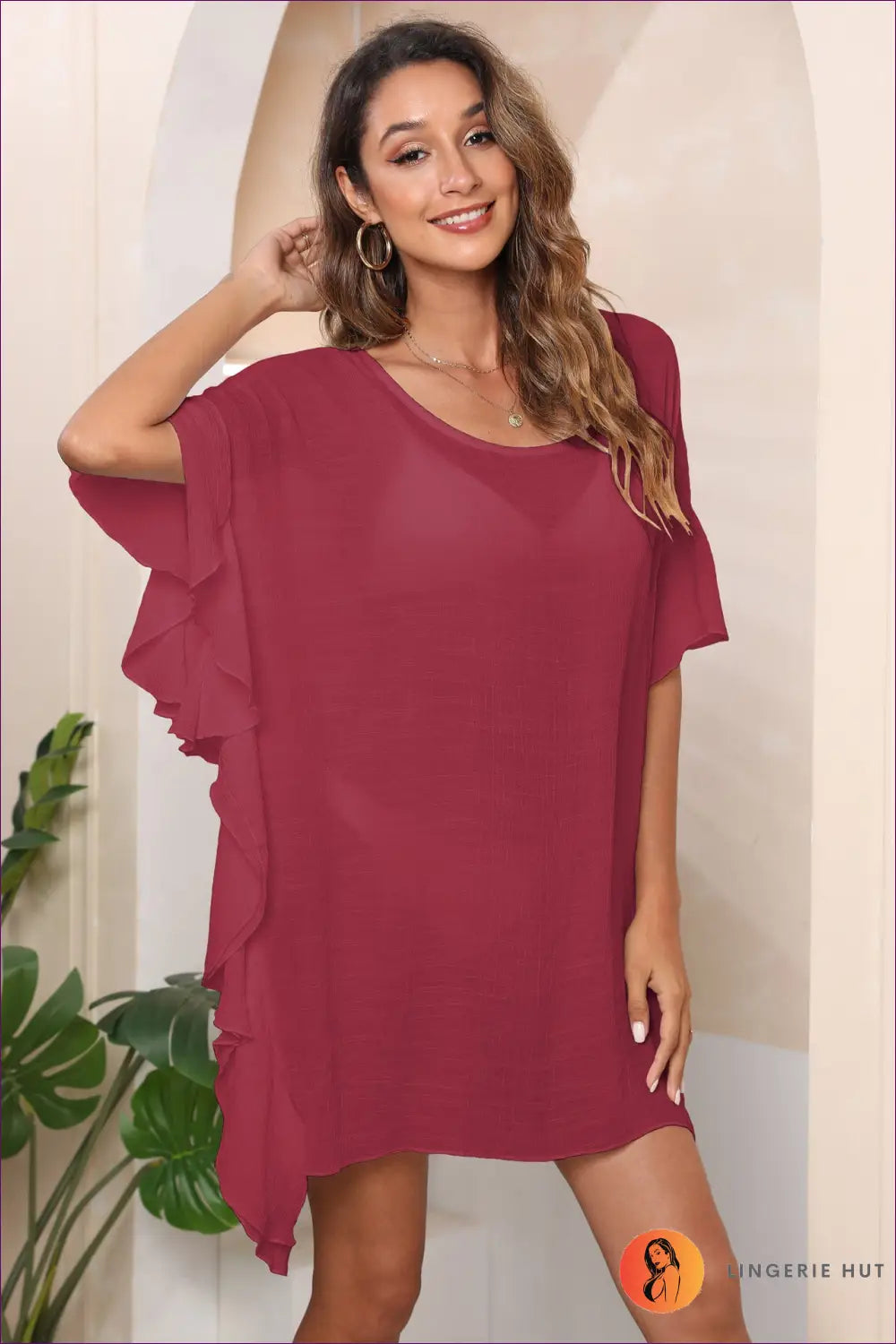 Ruffle Sleeve Mini Dress - Effortless Summer Chic - one Size / Burgundy - Dresses - Lingerie Hut - All Season • Boho