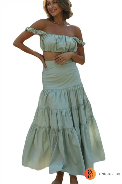 Ruffle Strap Crop Top and Tiered Maxi Skirt Set - Boho Summer Dream for Boho, Casual, co Ord, Crop,