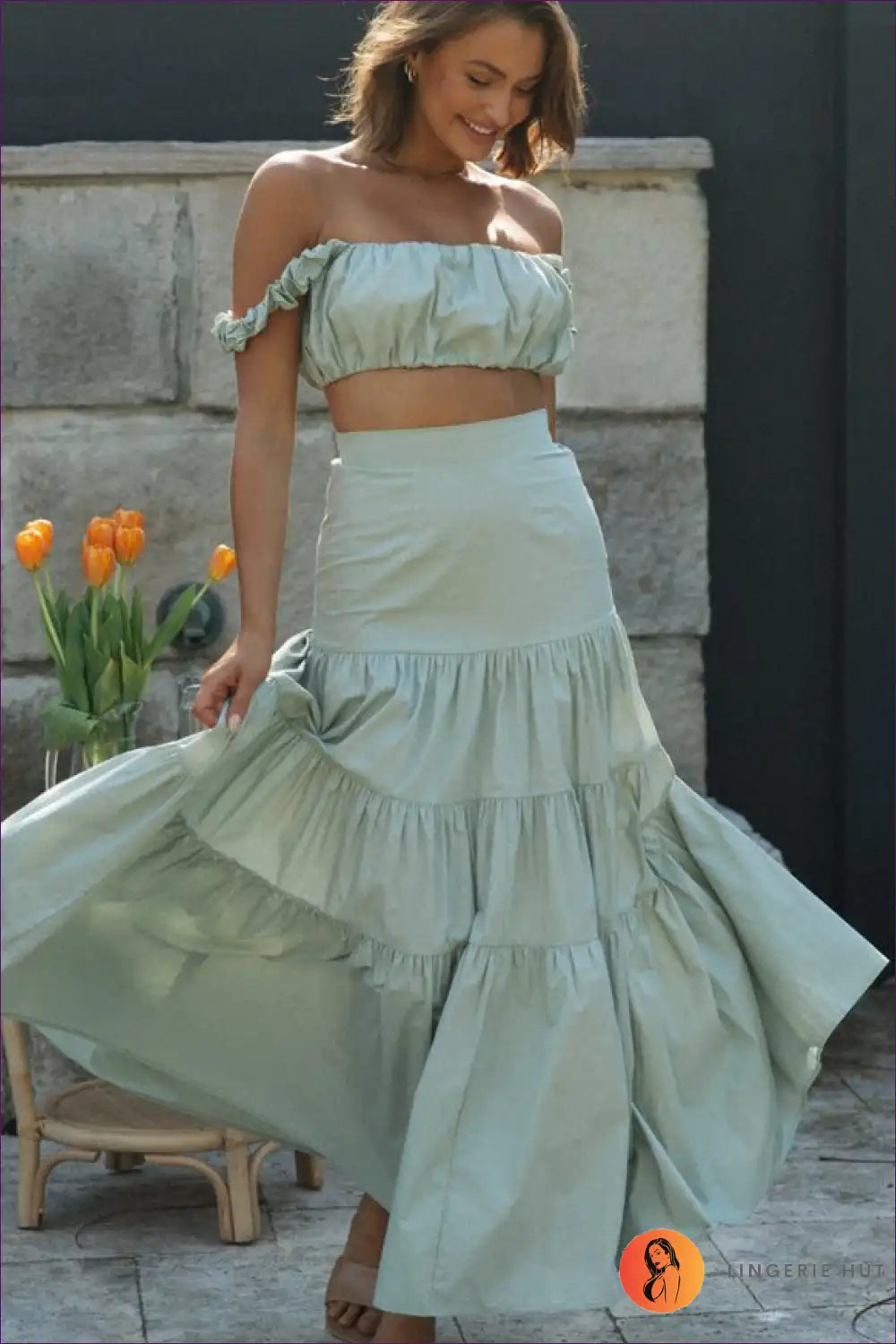 Ruffle Strap Crop Top and Tiered Maxi Skirt Set - Boho Summer Dream for Boho, Casual, co Ord, Crop,