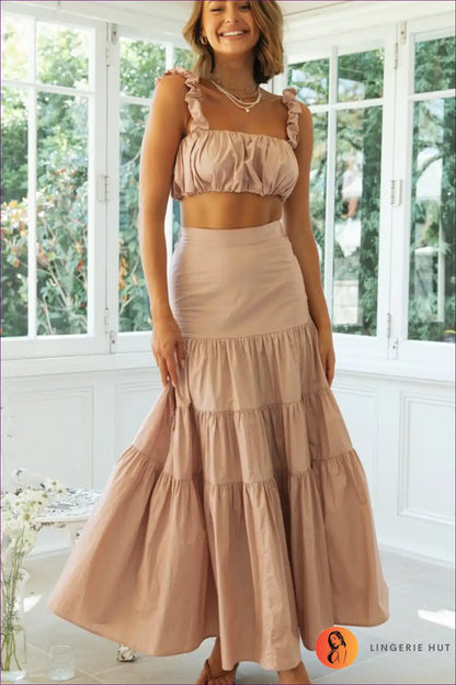 Ruffle Strap Crop Top and Tiered Maxi Skirt Set - Boho Summer Dream for Boho, Casual, co Ord, Crop,