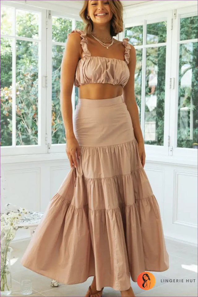 Ruffle Strap Crop Top & Maxi Skirt Set - Boho Summer Dream