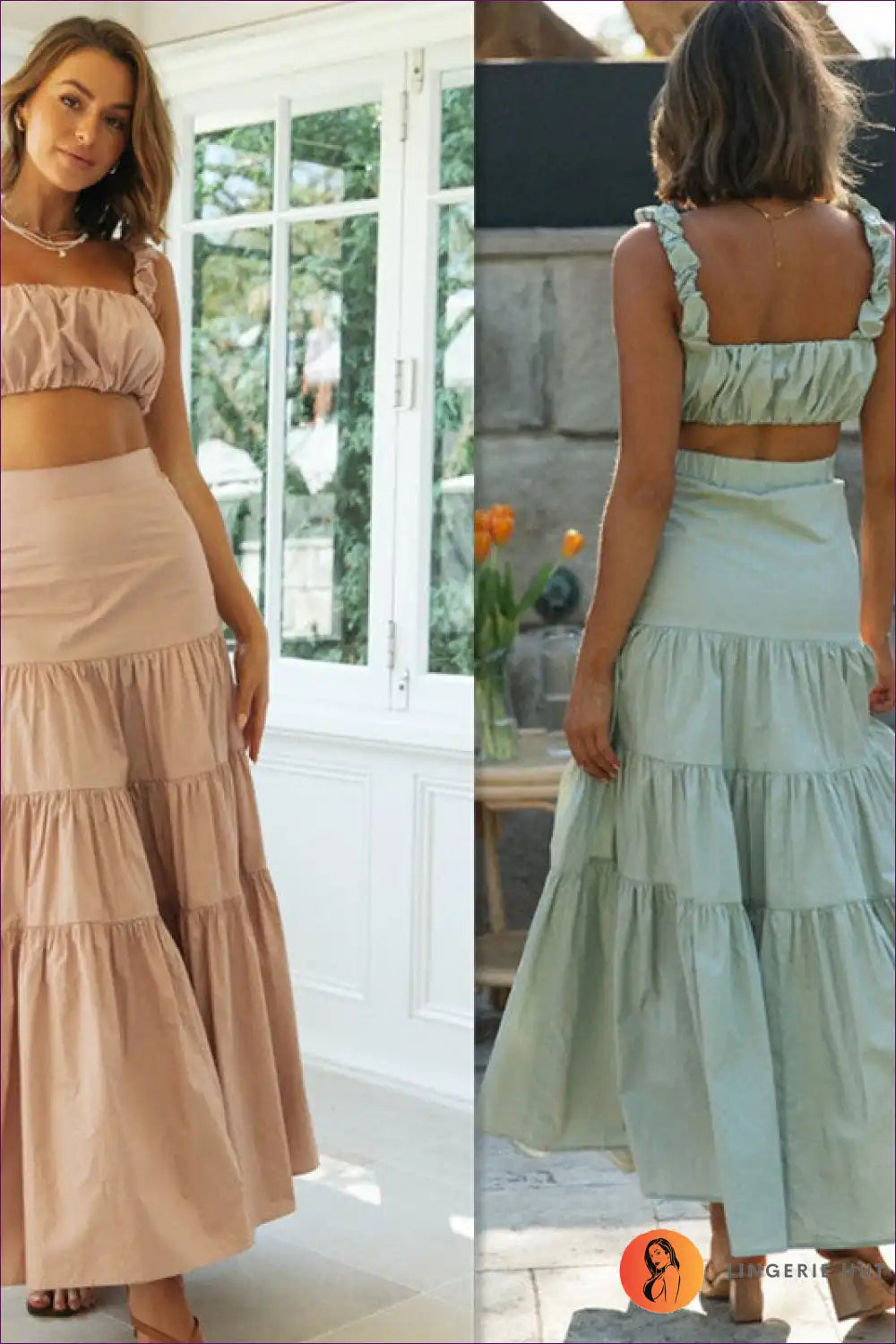 Ruffle Strap Crop Top and Tiered Maxi Skirt Set - Boho Summer Dream for Boho, Casual, co Ord, Crop,