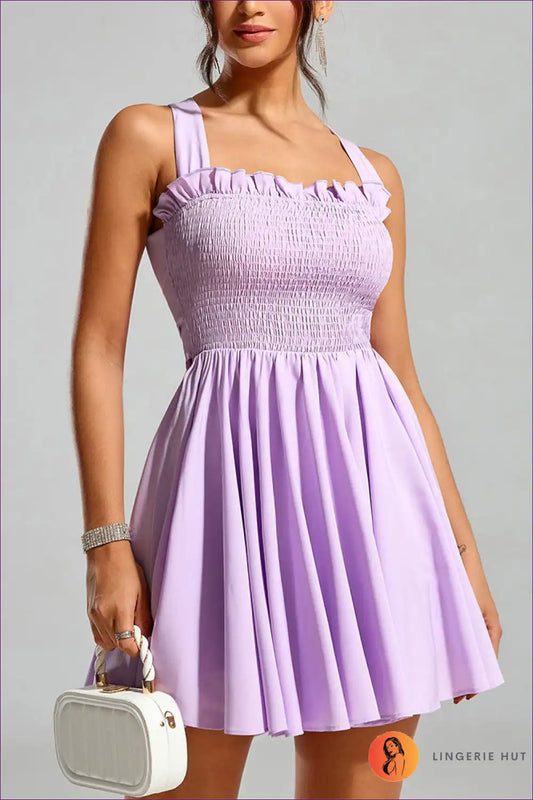 Ruffle Strap Smocked Mini Dress - Summer Romance for A-line, Casual, Everyday, Floral,