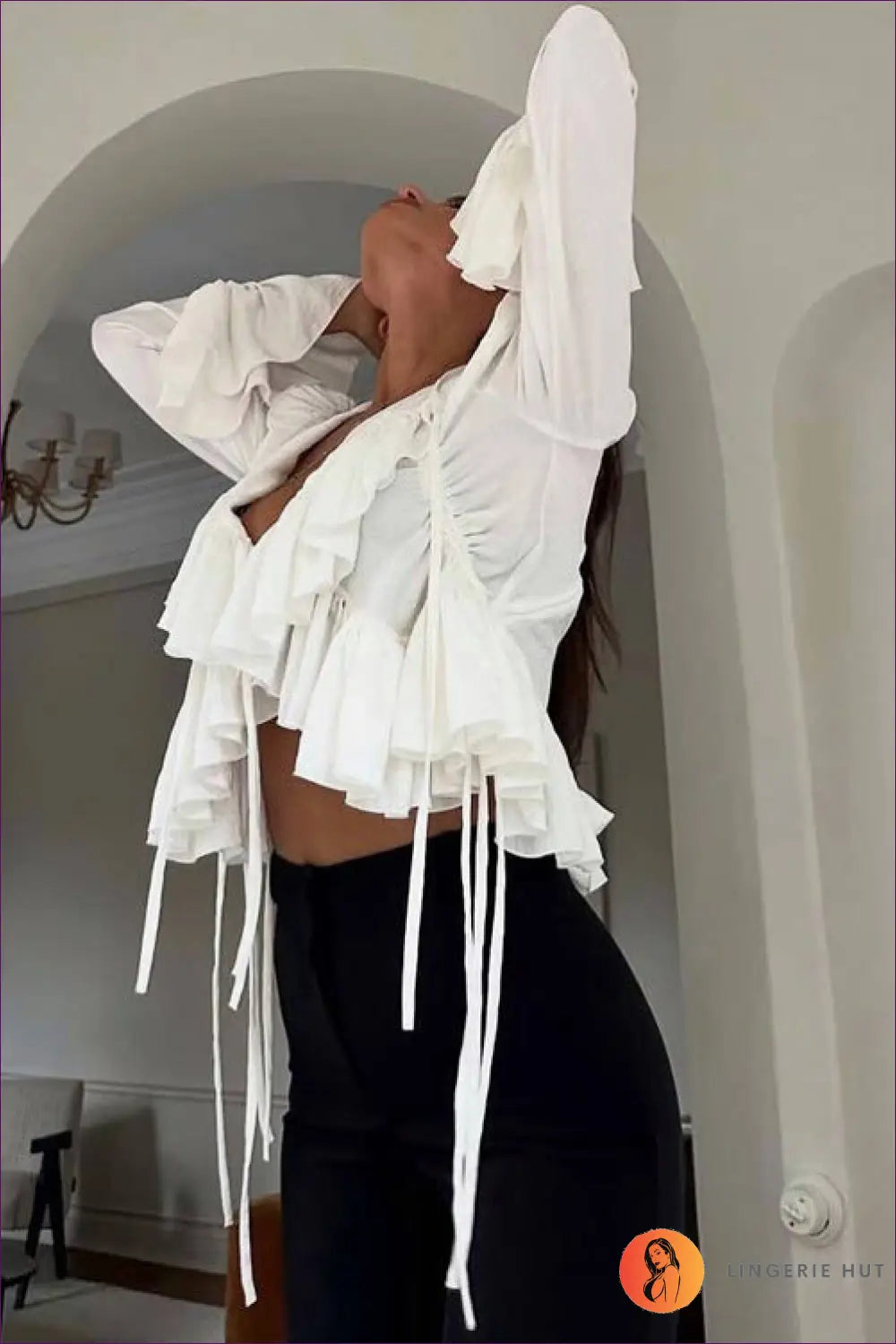 Ruffle Tie Neck Blouse - Effortless Romantic Energy - Top - Lingerie Hut - All Season • Boho • Casual • Chiffon