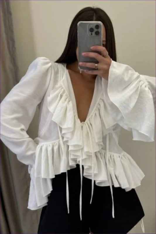 Ruffle Tie Neck Blouse - Effortless Romantic Energy - Top - Lingerie Hut - All Season • Boho • Casual • Chiffon