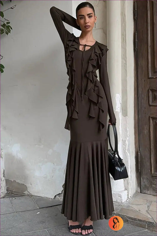 Ruffle Tie-neck Maxi Dress for Autumn Days - Understated Elegance A-line, Autumn, Casual, Dress, Everyday