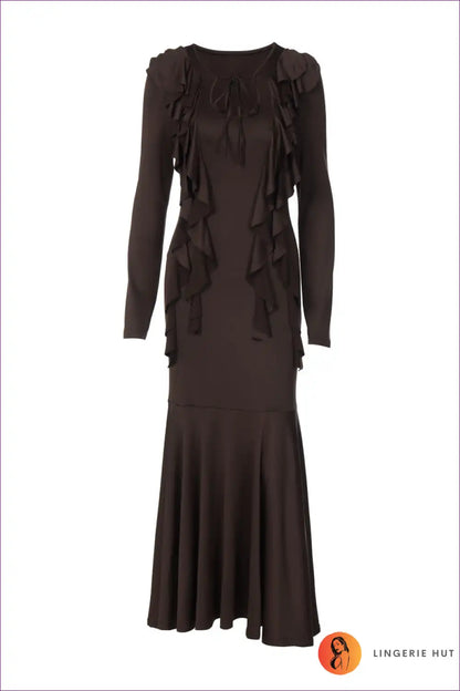 Ruffle Tie-neck Maxi Dress for Autumn Days - Understated Elegance A-line, Autumn, Casual, Dress, Everyday