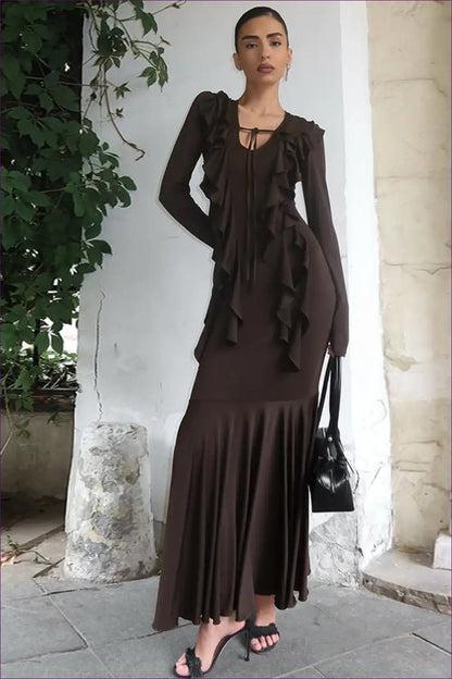 Ruffle Tie-neck Maxi Dress for Autumn Days - Understated Elegance A-line, Autumn, Casual, Dress, Everyday