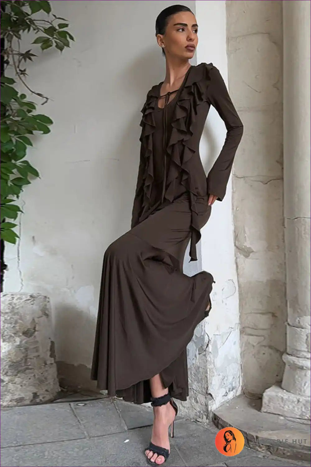 Ruffle Tie-neck Maxi Dress for Autumn Days - Understated Elegance A-line, Autumn, Casual, Dress, Everyday