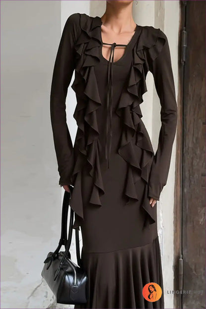 Ruffle Tie-neck Maxi Dress for Autumn Days - Understated Elegance A-line, Autumn, Casual, Dress, Everyday