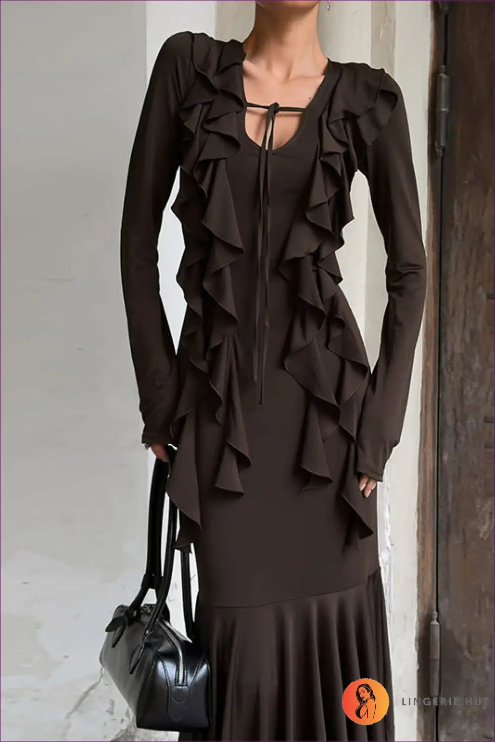 Ruffle Tie-neck Maxi Dress - Understated Glamour - Dresses - Autumn • Casual • Clothing • Everyday - Lingerie Hut
