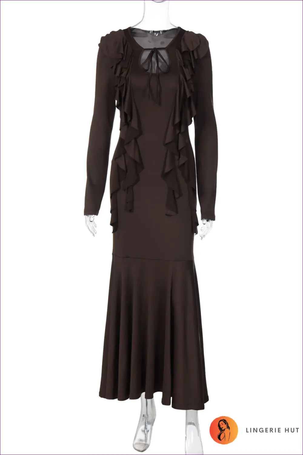 Ruffle Tie-neck Maxi Dress - Understated Glamour - s / Coffee - Dresses - Autumn • Casual • Clothing • Everyday