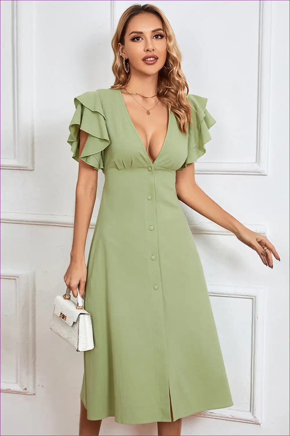 Look Stylish At Any Occasion With Our Ruffle v Neck Button Up Midi Dress. Featuring a Flutter Sleeve Bodice,