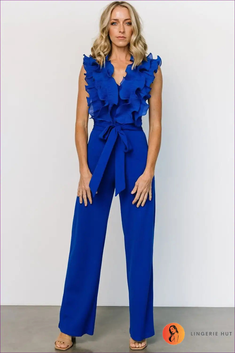 Ruffle V-neck Jumpsuit with Tie Waist - Modern Statement Style for Casual, Everyday, Formal Wear, Jumpsuit,