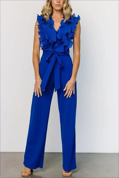 Ruffle V-neck Jumpsuit with Tie Waist - Modern Statement Style for Casual, Everyday, Formal Wear, Jumpsuit,