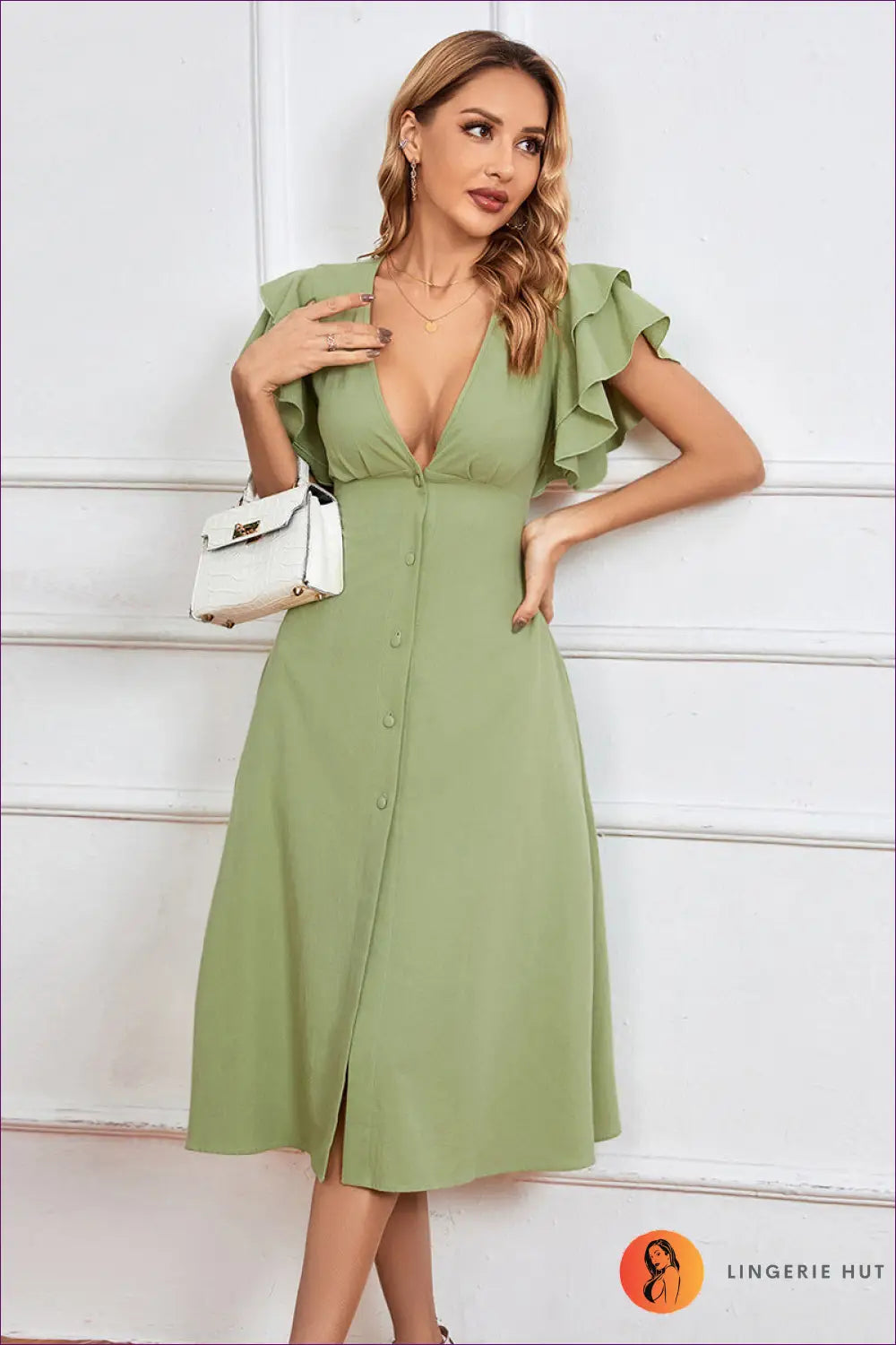 Ruffle v Neck Midi Dress - Day to Evening Edit - Dresses - A-line • All Season • Boho • Button Front • Lingerie Hut
