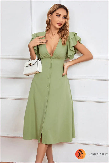 Ruffle v Neck Midi Dress - Day to Evening Edit - Dresses - A-line • All Season • Boho • Button Front • Lingerie Hut