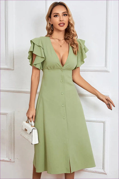Ruffle v Neck Midi Dress - Day to Evening Edit - s / Green - Dresses - A-line • All Season • Boho • Button Front