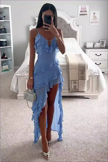 Ruffled Asymmetric Maxi Dress with High-low Hem - Summer Romance for a Line, Boho, Casual, Evening Wear,