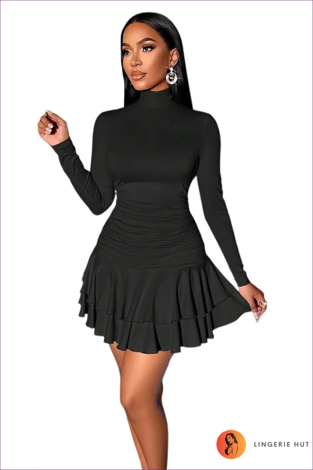 Ruffled Knit Mini Dress - Effortless Everyday Glamour - s / Black - Dresses - A-line • Autumn • Casual • Lingerie Hut
