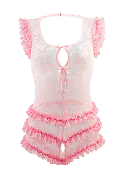 Ruffled Lace Cutout Teddy Bodysuit - Sweet Pink Lingerie for Bodysuit, Boudoir, Bridal, Cutout, Honeymoon