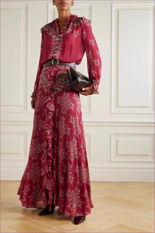 Ruffled Maxi Skirt & Blouse co Ord Set - Effortless Elegance - Lingerie Hut - Boho • Chiffon • Floral