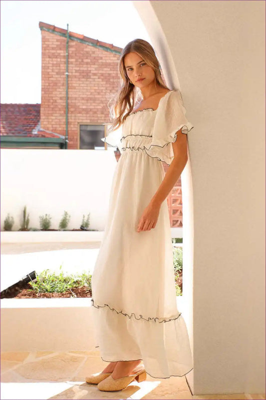 Ruffled Midi Dress with Flutter Sleeves - Dreamy Summer Days for a Line, Boho, Casual, Dress, Dresses