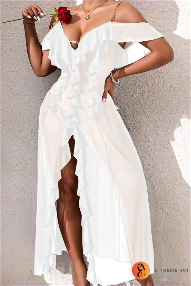 Ruffled Off-Shoulder Maxi Dress with High Slit - Summer Lounge Glam